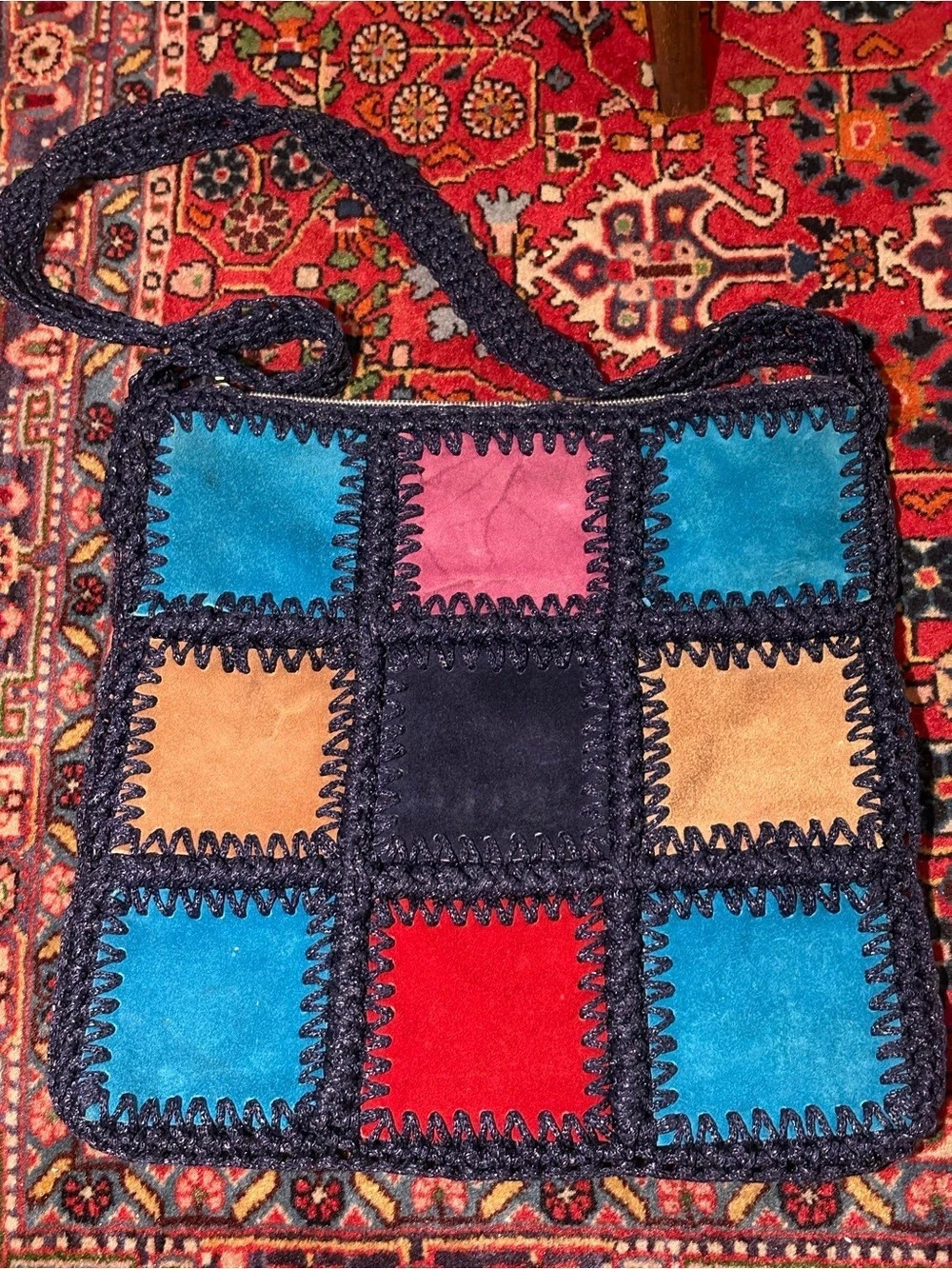 Vintage 70s Boho Italian Suede Puzzle Bag
